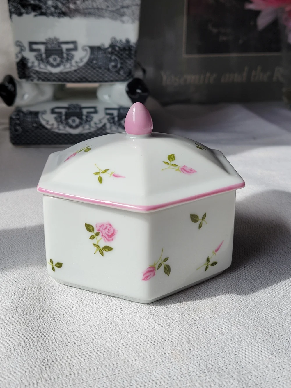 Porcelain Vintage Trinket Box with Pink Rose Pattern